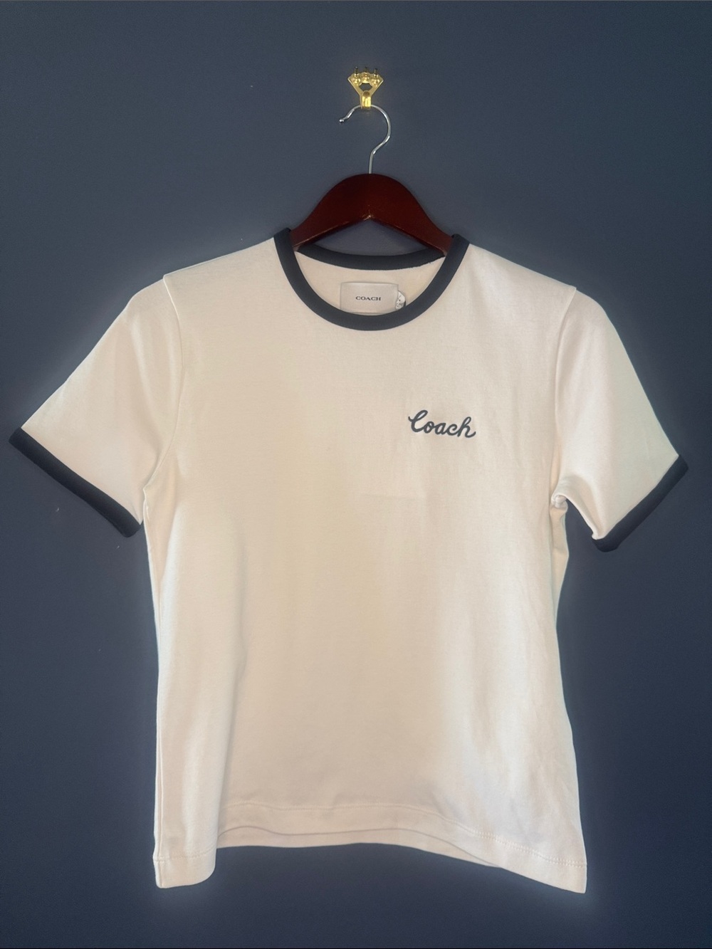 Coach White Ringer Lux Tee with Black Trim Woman’s Small Coach Shirt Top Casual